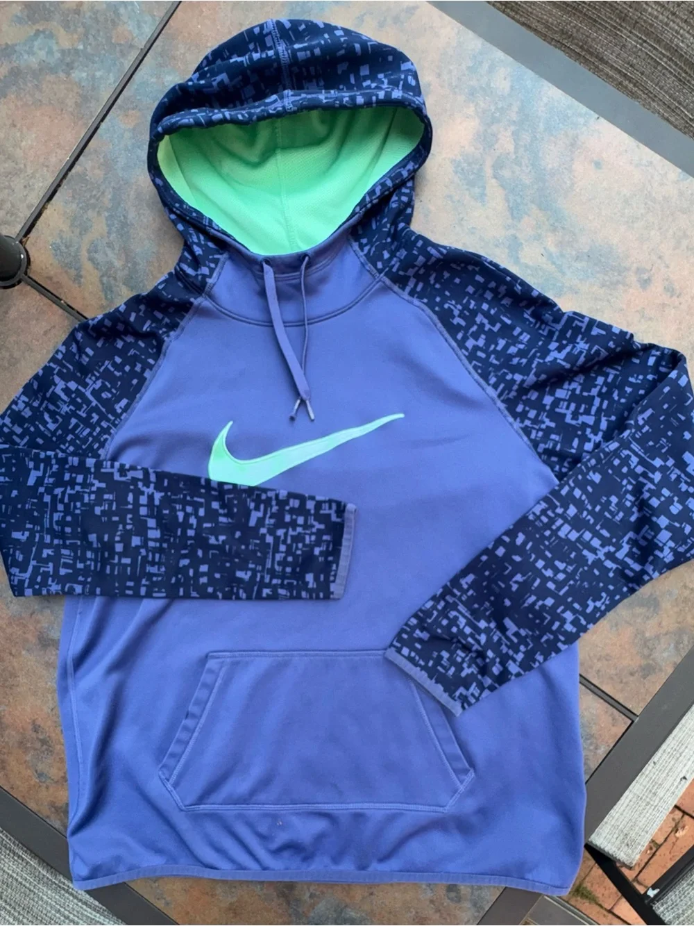Nike Dri-FIT Women’s Large Blue Hoodie Pullover Neon Green Swoosh Athletic